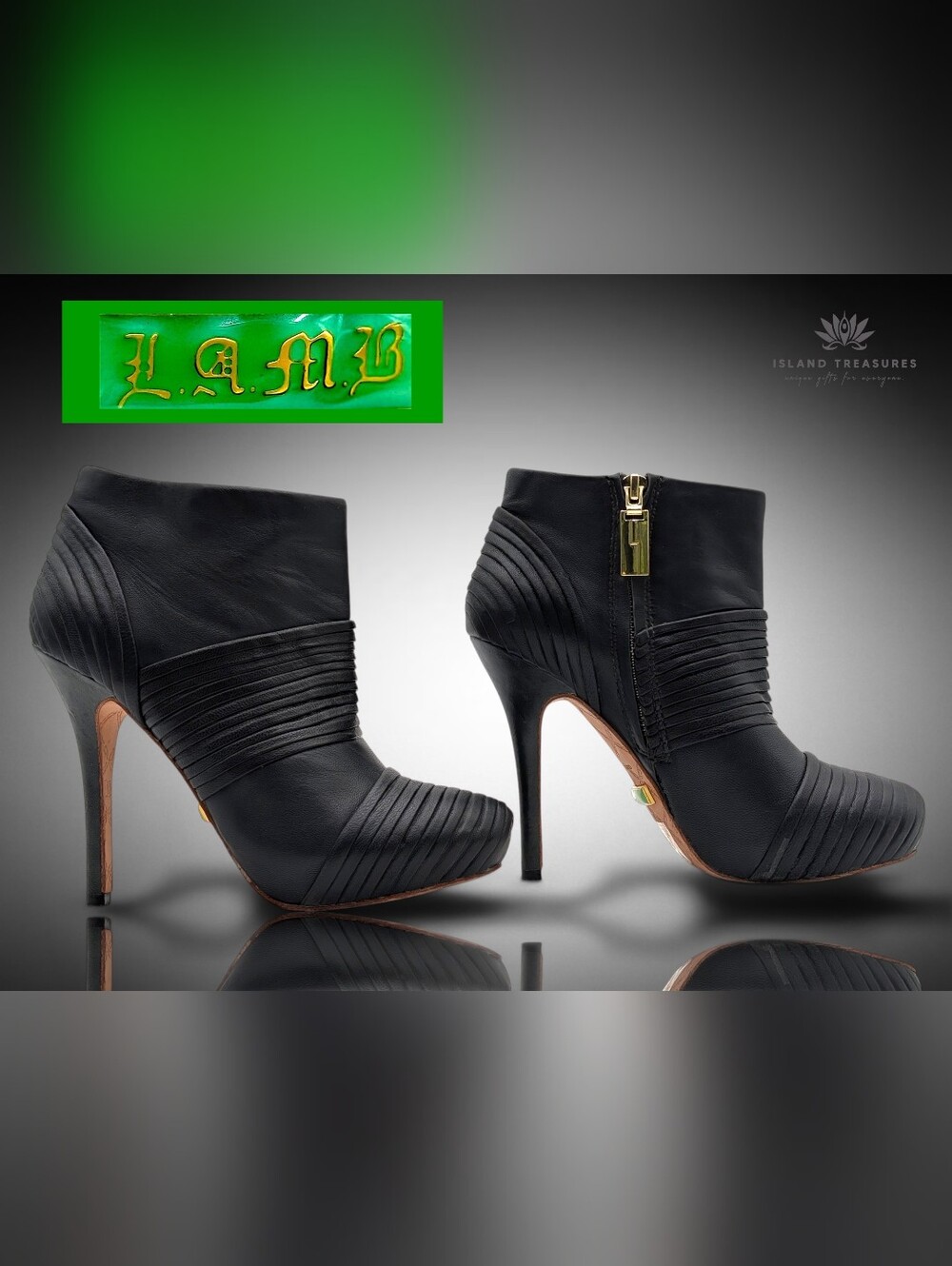 L.A.M.B. Sz 7 Black Soft Leather Layered Pleated Ankle Bootie Gold Zip Stiletto